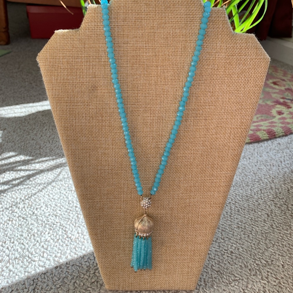 Stunning Turquoise Blue Crystal Tassel Necklace